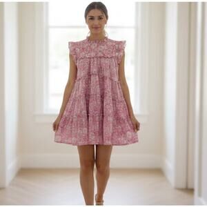 Hampton House Tiered Mini Dress Womens XS Pink Floral Ruffle Cotton Feminine